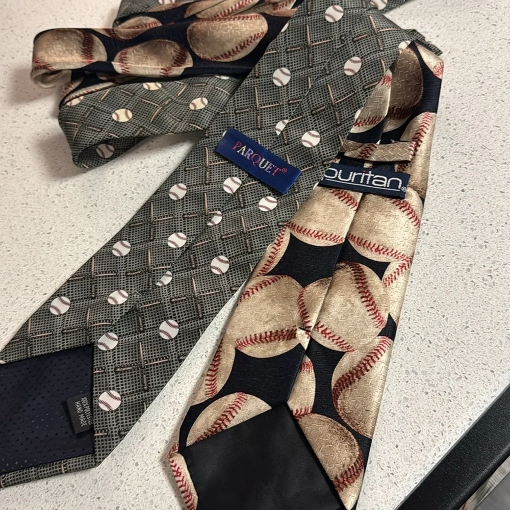 Baseball Print Men's Tie - Black and Beige Sports Necktie